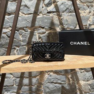 Chanel Extra Mini Black Patent Chevron CC Classic Single Flap Bag